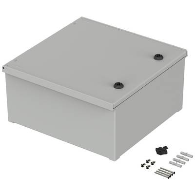 Boîtier gris rectangulaire avec couvercle amovible, présenté avec les vis et le matériel de fixation correspondants.