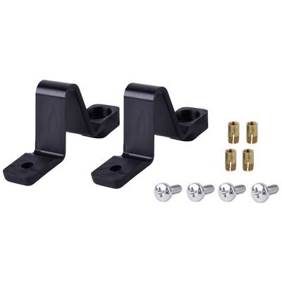 Deux supports métalliques noirs munis chacun d'un trou, quatre inserts filetés dorés et quatre vis argentées.