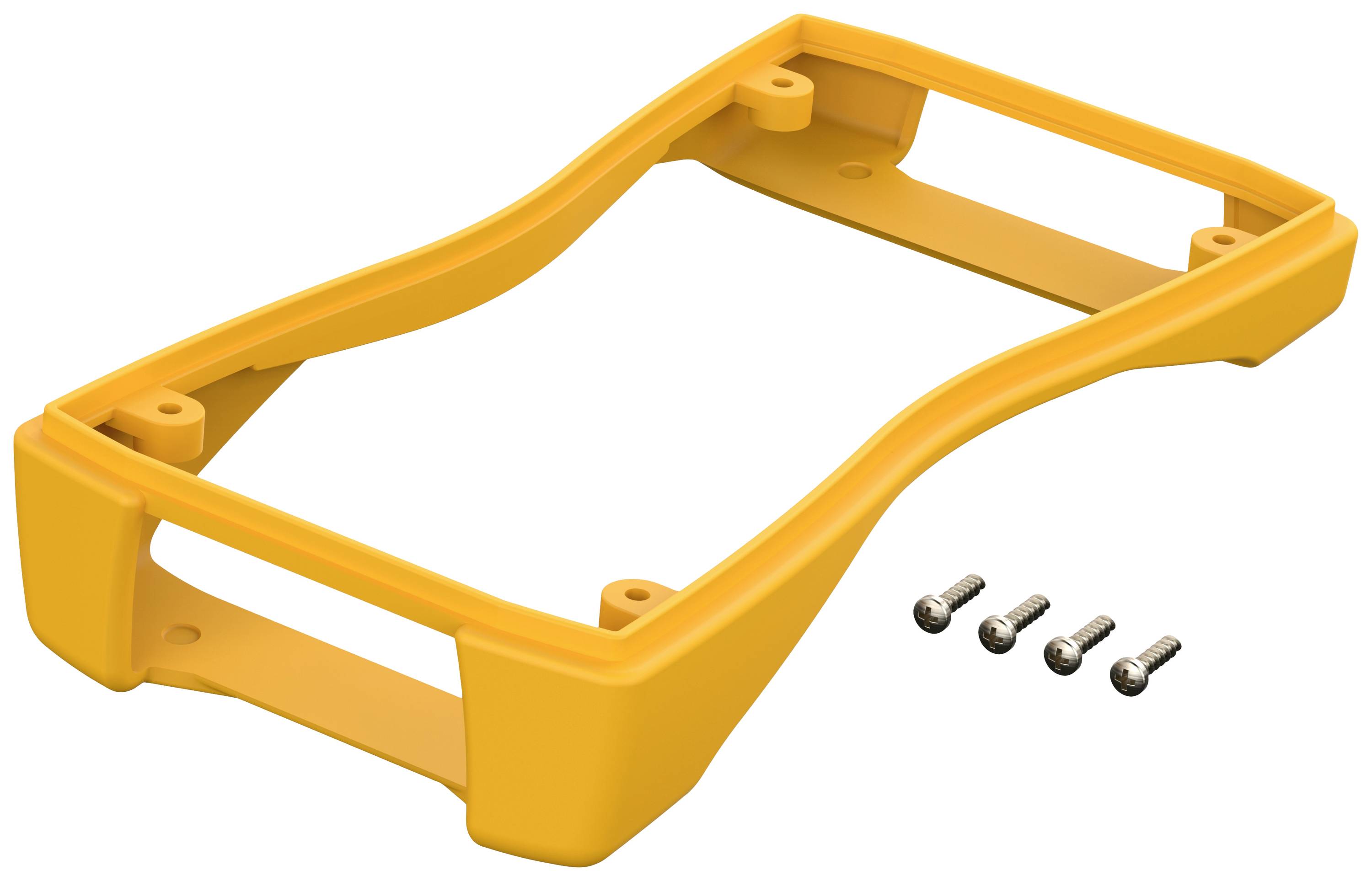 Boîtier jaune pour un appareil électronique avec quatre vis fournies.