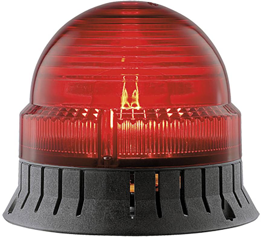 Voyant d'avertissement rouge avec boîtier transparent sur socle noir, brillant intensément.