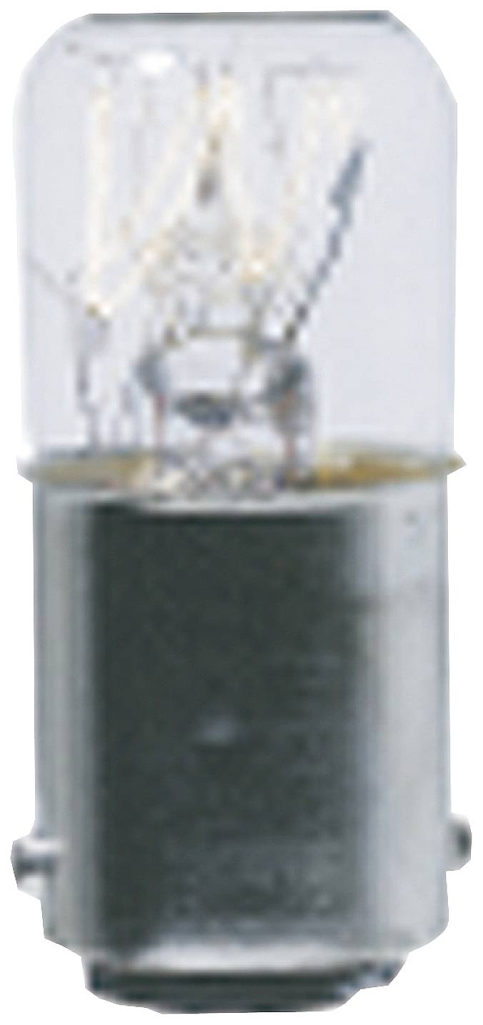 Une petite ampoule avec un culot argenté et un verre transparent, les filaments délicats étant visibles à l'intérieur.