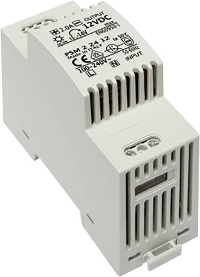 Appareil électronique blanc, orienté verticalement, avec des fentes de ventilation et l'inscription 'PSM 3.2.24.12V'. Utilisé pour les installations électriques.