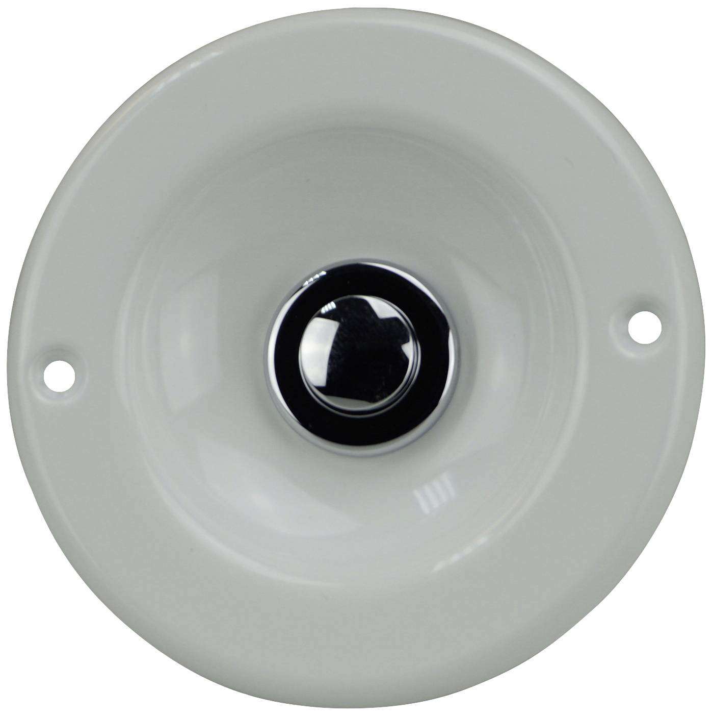 Sonnette d'interphone blanche et ronde avec un bouton noir au centre, montée sur une surface lisse.