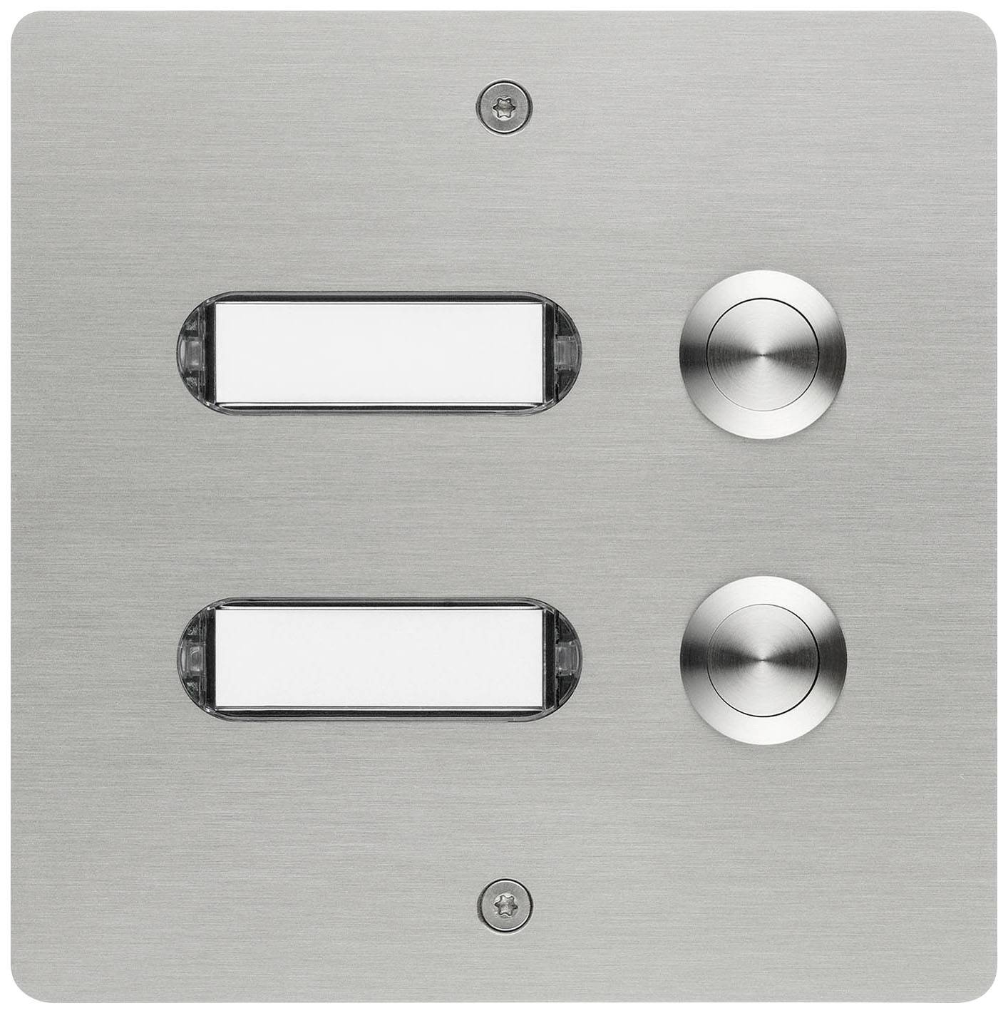 Une plaque de sonnette en acier inoxydable avec deux boutons de sonnette à côté de deux plaques nominatives vierges.