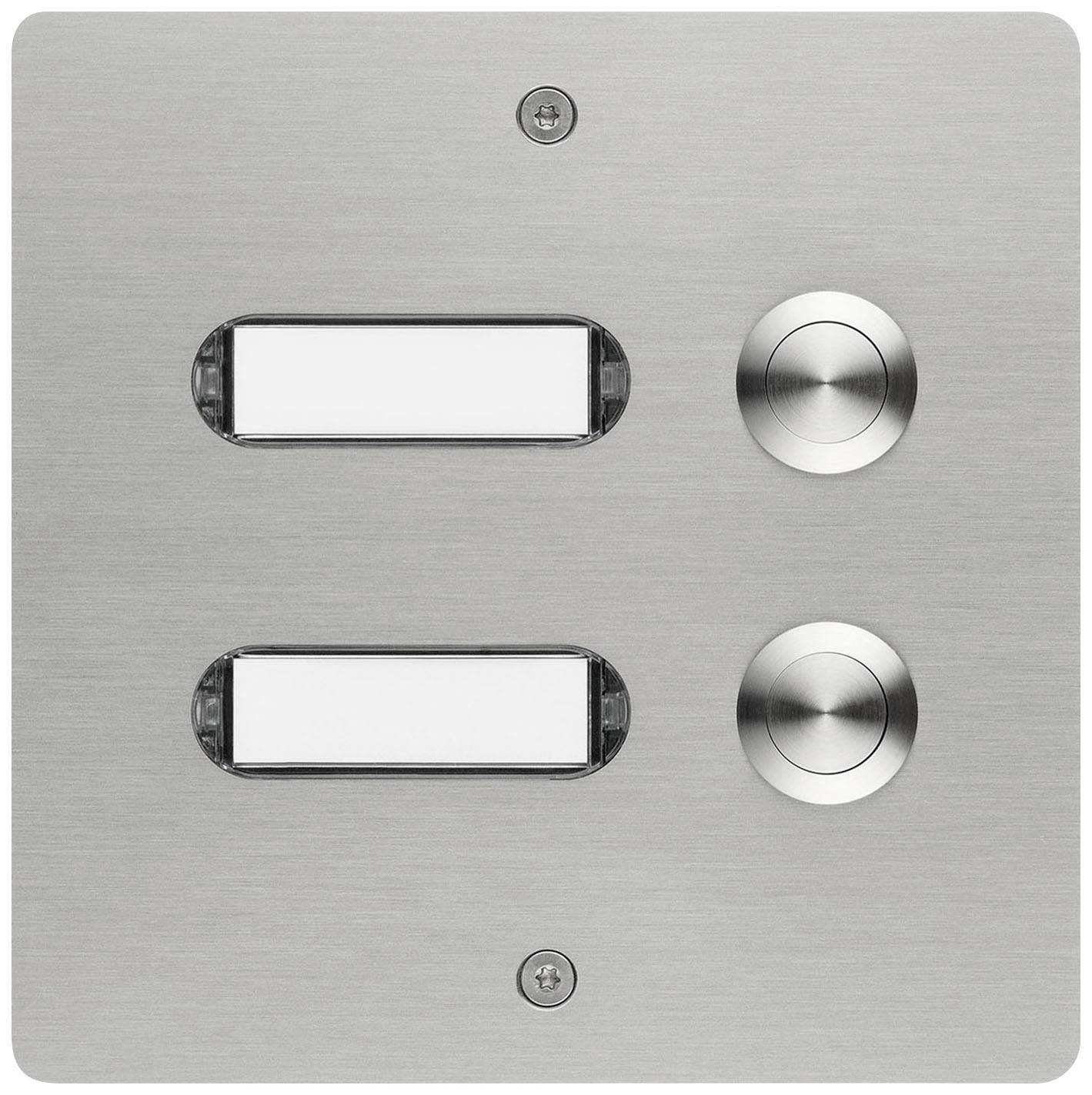 Une plaque en acier inoxydable avec deux touches rectangulaires à gauche et deux boutons-poussoirs ronds à droite, montée avec des vis.