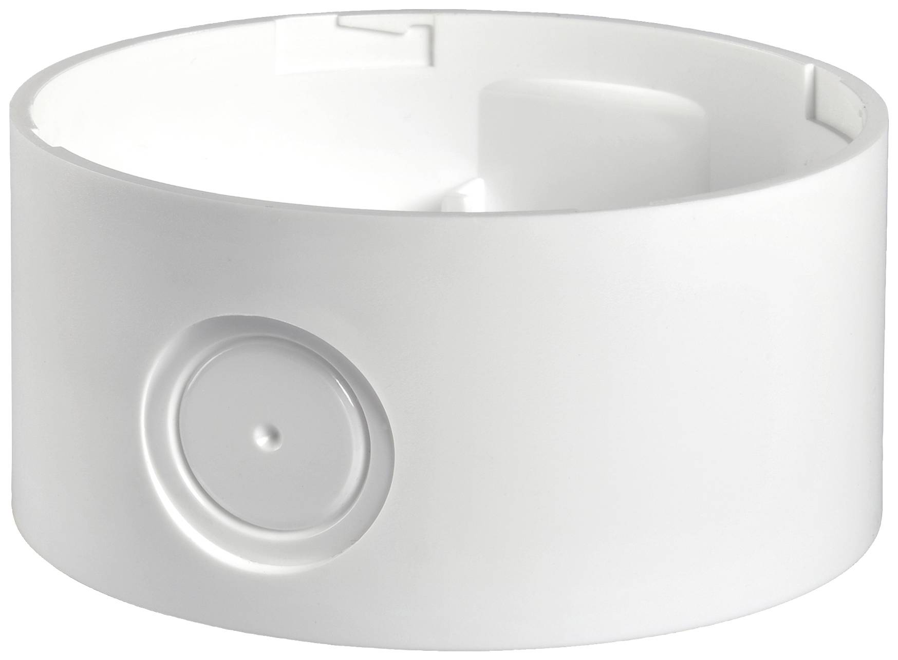 Une boîte ronde en plastique blanc avec un motif circulaire sur le côté.