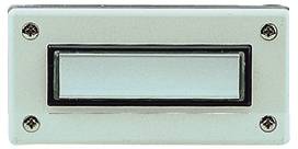 Bouton de sonnette rectangulaire avec un cadre en métal et un centre en plastique transparent.