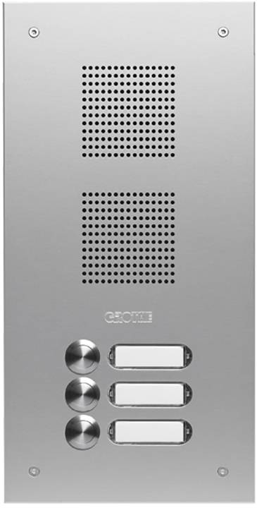 Interphone métallique avec haut-parleur en haut et trois boutons d'appel ronds en bas.