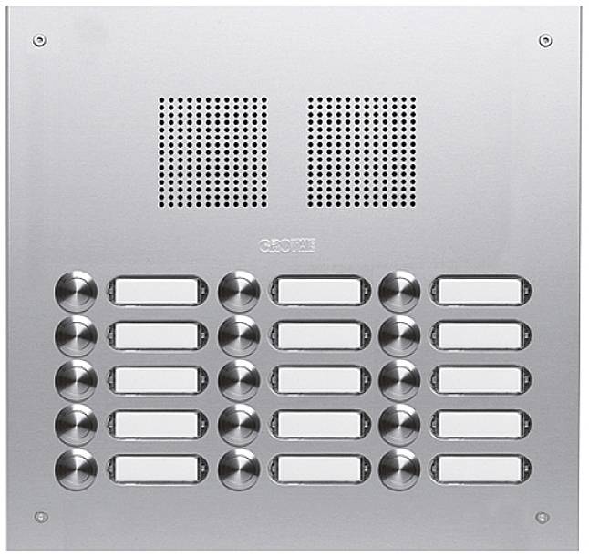 Interphone en acier inoxydable avec 18 boutons d'appel et plaques nominatives. Au-dessus se trouvent des ouvertures pour haut-parleurs.