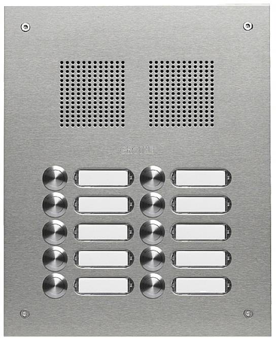 Interphone en acier inoxydable avec douze boutons d'appel et deux zones de haut-parleurs, adapté aux immeubles collectifs ou aux bureaux.