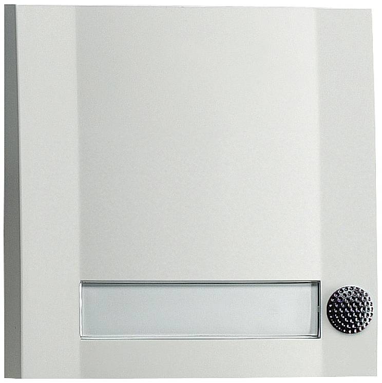 Couvercle carré blanc avec un éclairage rectangulaire clair au centre et un bouton rond texturé sur le côté droit.