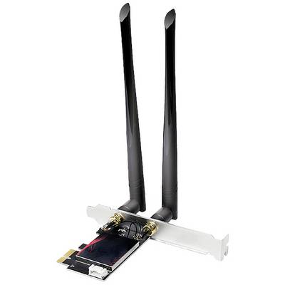 Carte réseau avec deux antennes amovibles montées sur un support métallique. Elle offre une connectivité sans fil pour les ordinateurs personnels.