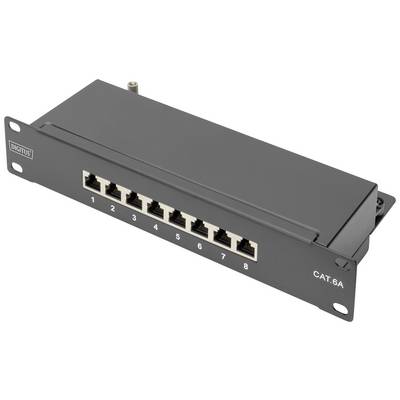 Panneau de brassage réseau avec 8 ports Ethernet, numérotés de 1 à 8, adapté pour le câblage CAT.6A.