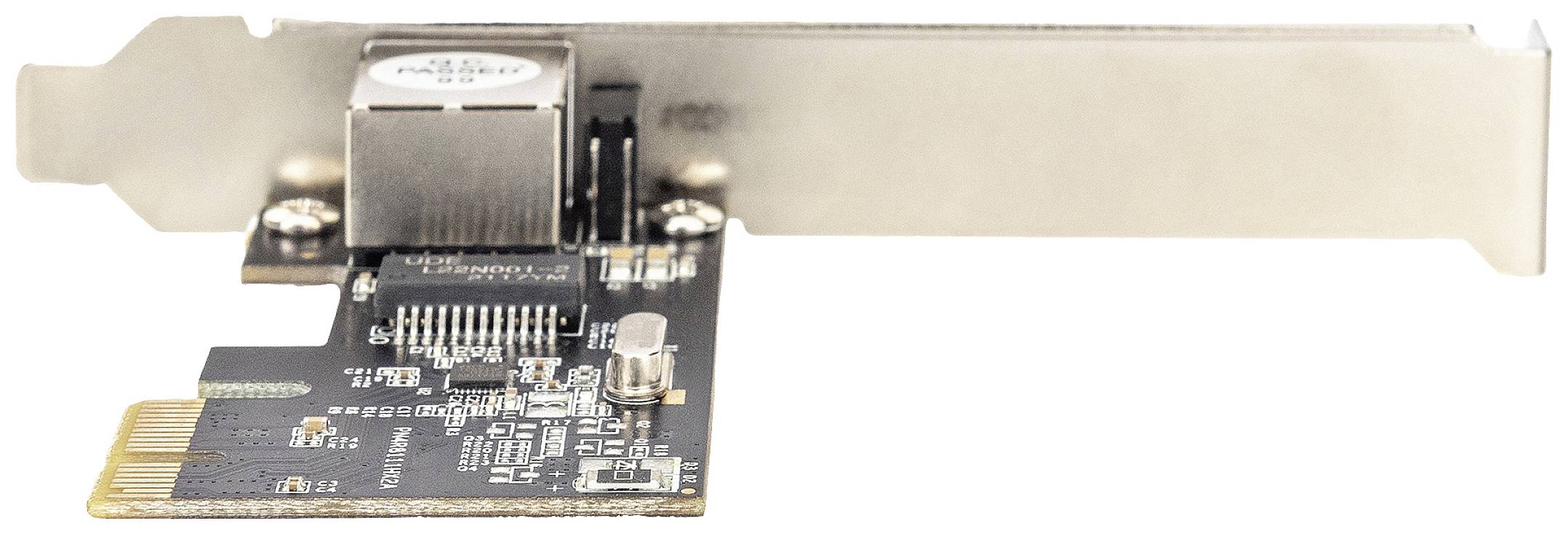 Carte réseau avec boîtier métallique et connecteur, adaptée aux emplacements PCIe. Essentielle pour la mise en réseau informatique et l'accès à Internet.