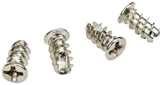Quatre vis cruciformes en argent sur un fond blanc, disposées en diagonale.