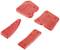 Quatre pièces en plastique rouge de formes différentes, probablement des composants ou des parties d'un objet plus grand.