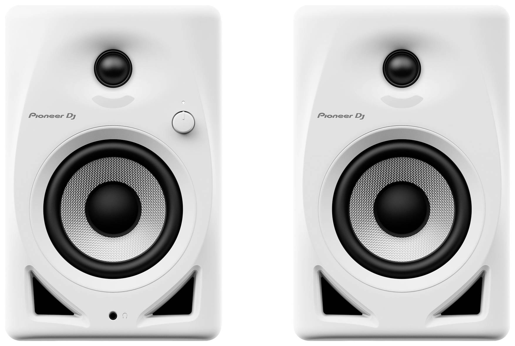 Deux enceintes blanches avec des boutons de réglage circulaires et un design identique, adaptées aux installations de DJ ou aux home studios.