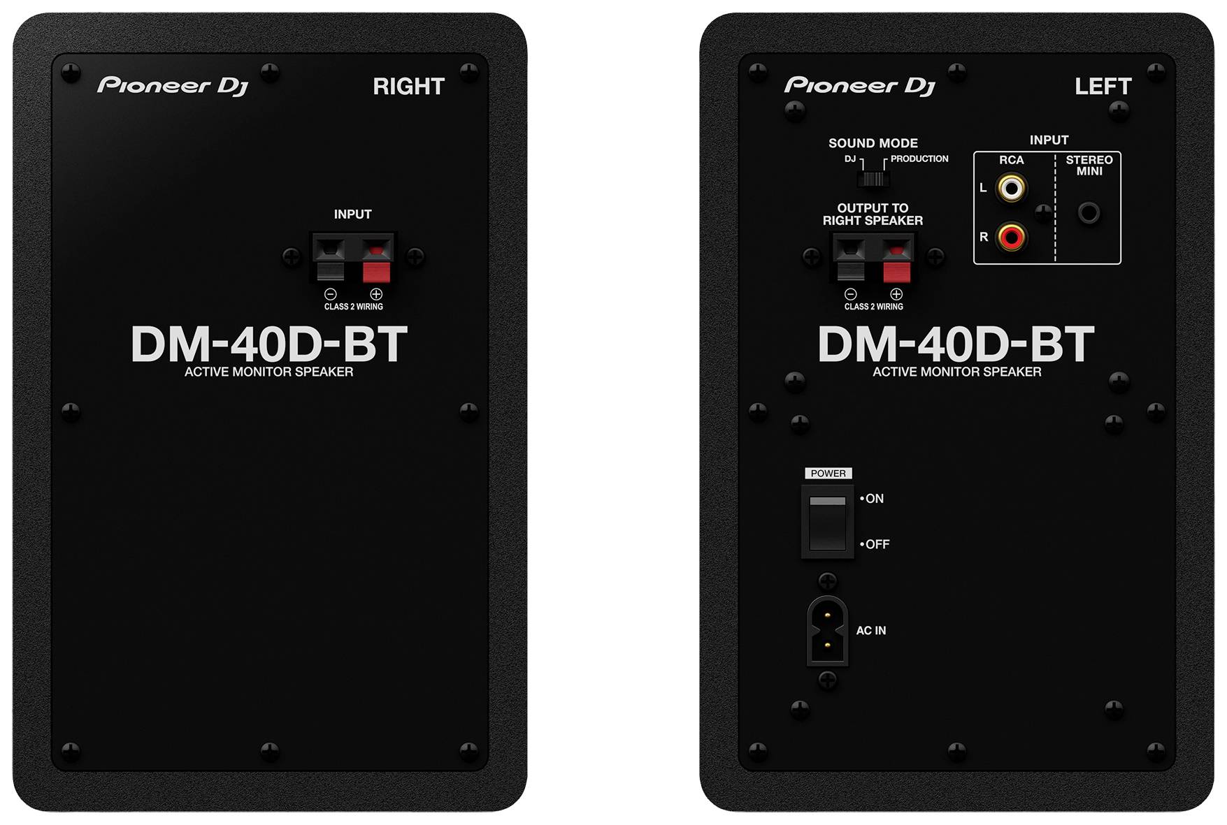 Dos de l'enceinte Pioneer DJ DM-40D-BT. Enceinte gauche montrant les connexions et les interrupteurs. Enceinte droite avec les ports d'entrée.