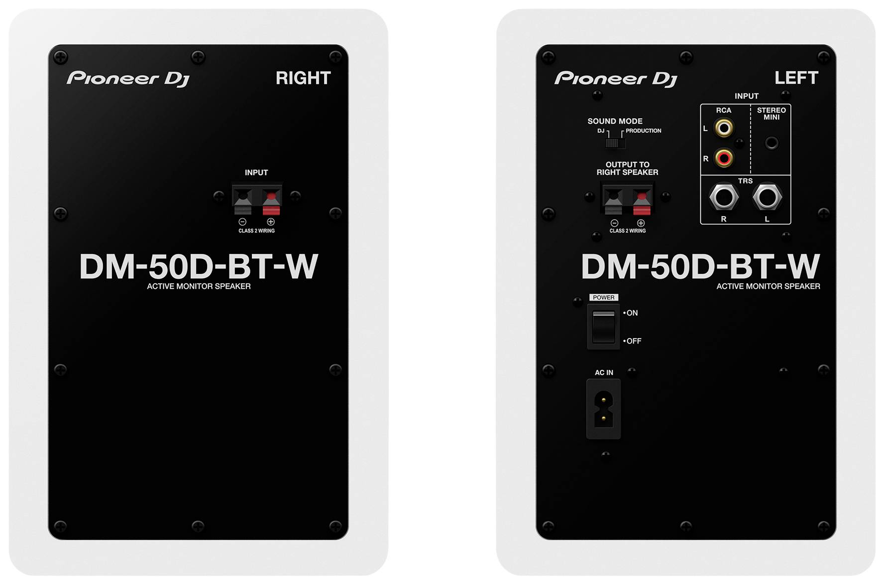 Paire d'enceintes de monitoring avec le numéro de modèle 'DM-50D-BT-W'. L'unité de gauche présente des connexions et des interrupteurs, tandis que celle de droite est dépourvue d'éléments de commande.