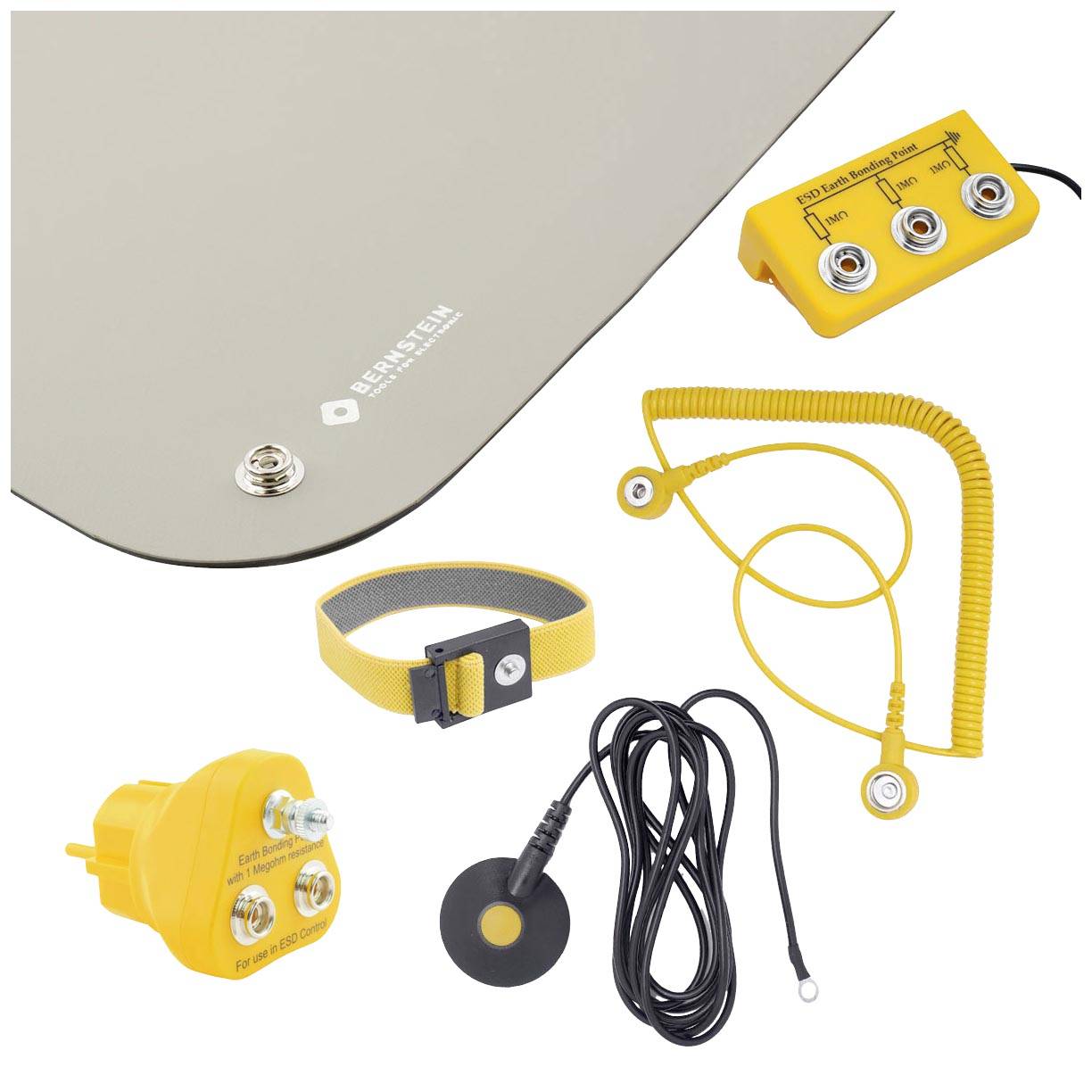 'Image d'un système de mise à la terre comprenant un tapis, un câble jaune avec pince et accessoires pour prévenir l'électricité statique.'