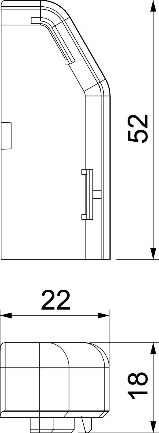 Dessin technique d'un boîtier rectangulaire. Dimensions : hauteur 52 cm, largeur 22 cm, profondeur 18 cm.