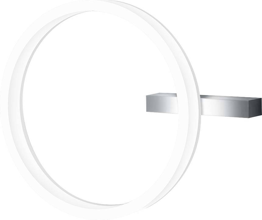 Un grand miroir rond avec un éclairage LED intégré et un support mural latéral en métal. Idéal pour l'éclairage de salle de bain.