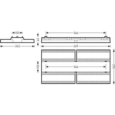 Dessin technique d'un objet rectangulaire avec les dimensions suivantes : longueur 649 mm, largeur 342 mm, hauteur 63 mm. Détails en vue de dessus et latérale.