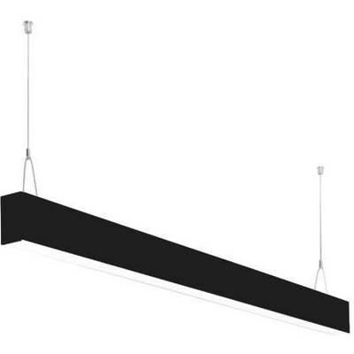 Un luminaire suspendu noir et élancé est accroché au plafond par deux câbles. Il présente un design minimaliste et diffuse une lumière directe.