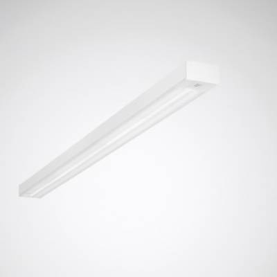 Luminaire plafonnier rectangulaire blanc, suspendu à un plafond gris. Design épuré, adapté aux espaces intérieurs modernes.