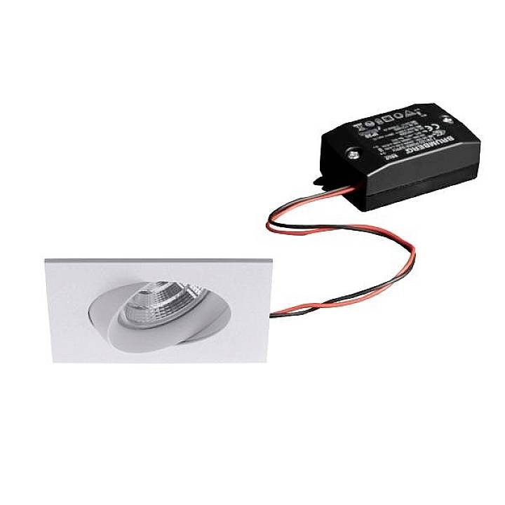 Projecteur LED carré à angle lumineux ajustable, relié à un transformateur noir par des fils rouge et noir.