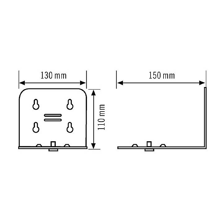 Dessin technique d'une pièce métallique de connecteur d'angle avec dimensions : hauteur 110 mm, largeur 130 mm, longueur 150 mm. Vue de dessus et vue latérale.