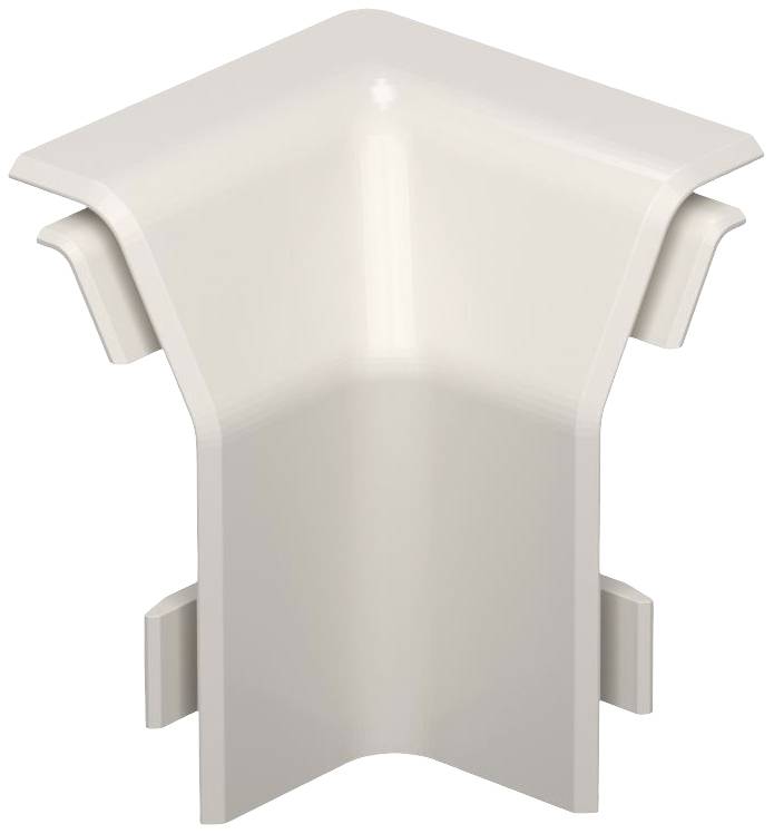 Un élément en plastique de couleur crème, de forme carrée, probablement un connecteur pour goulottes de câbles, avec trois ouvertures latérales.