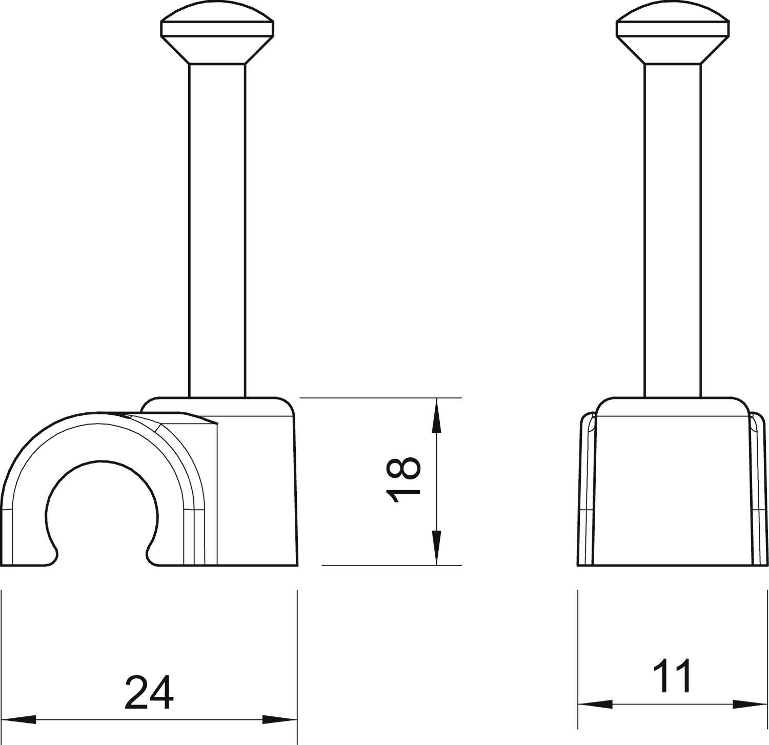 Dessin technique de deux vues différentes d'un clip en forme de U avec les dimensions suivantes : à gauche 24 mm, à droite 18 mm de hauteur, 11 mm de largeur.