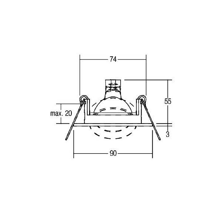 Schéma d'un luminaire encastrable avec dimensions : largeur 90 mm, profondeur 74 mm, hauteur 55 mm, profondeur d'encastrement jusqu'à 20 mm. Montre les angles de fixation.