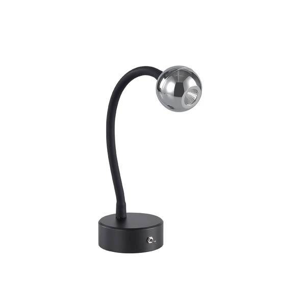 Petite lampe de table ronde avec un col flexible en matériau noir et une tête de lampe argentée reposant sur un socle noir circulaire.