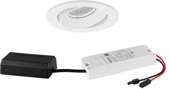 Spot LED encastrable rond à design orientable, connecté à un driver rectangulaire et à un câble d'alimentation.