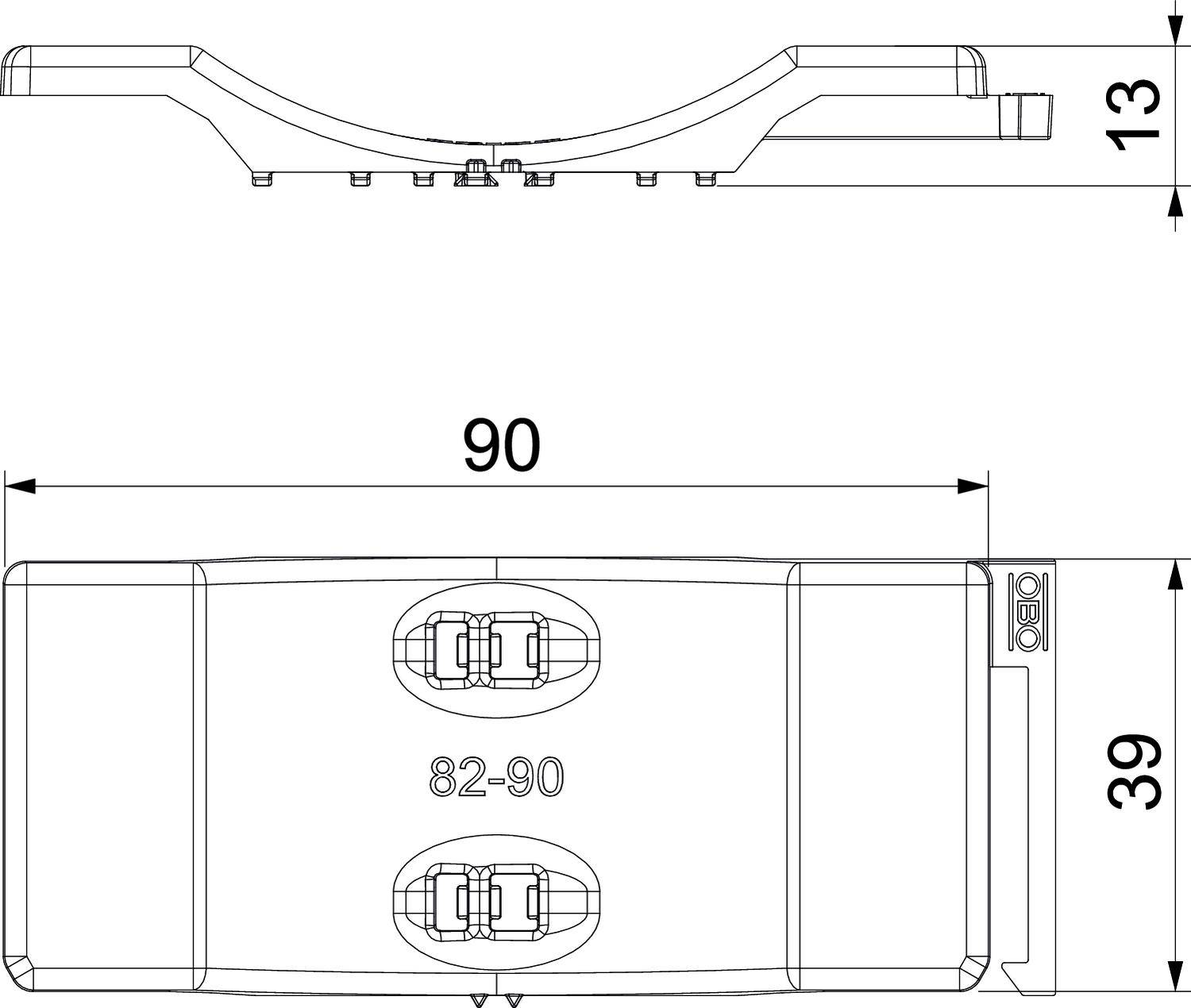 Dessin technique d'une pièce rectangulaire avec les dimensions suivantes : longueur 90, hauteur 39, hauteur de vue 13. Inscription '82-90'.