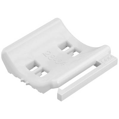 Une pièce en plastique blanche avec des découpes rectangulaires et des chiffres en relief '28-34'. À gauche, on distingue des dents et une barre allongée.