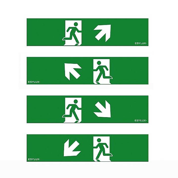 Panneau de sortie de secours vert avec un pictogramme blanc d'une personne courant vers la droite. Des flèches dans toutes les directions indiquent la sortie.