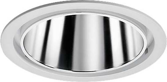 Luminaire encastré avec réflecteur argenté et cadre blanc. Adapté pour une installation au plafond.