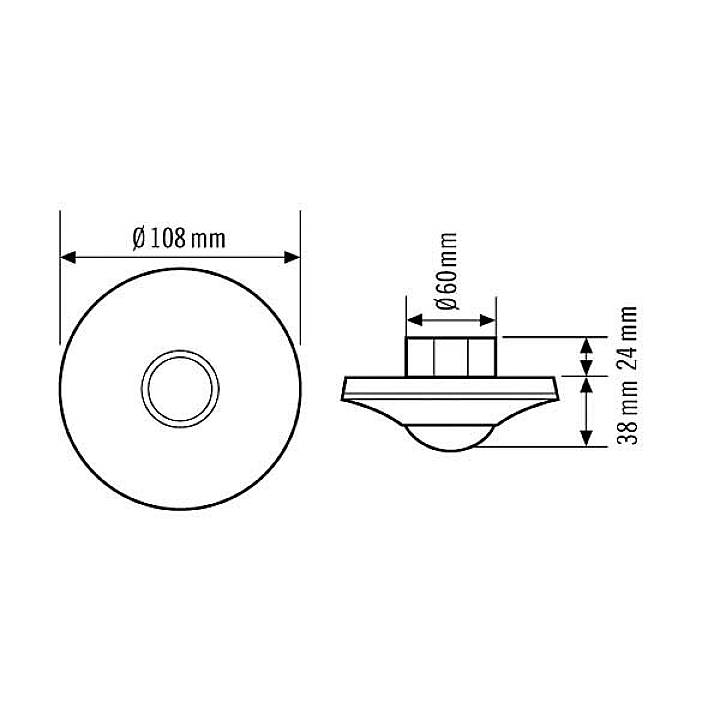 Dessin technique d'un objet rond avec les dimensions suivantes : diamètre 108 mm, hauteur 38 mm, diamètre intérieur 60 mm, hauteur de récupération 24 mm.