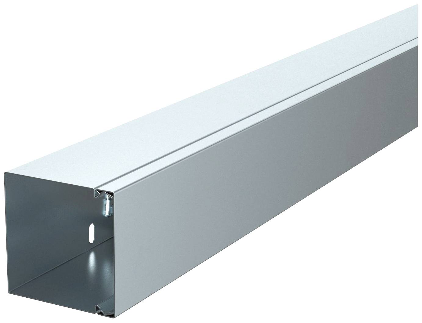 Canal métallique rectangulaire avec un petit trou sur le côté.