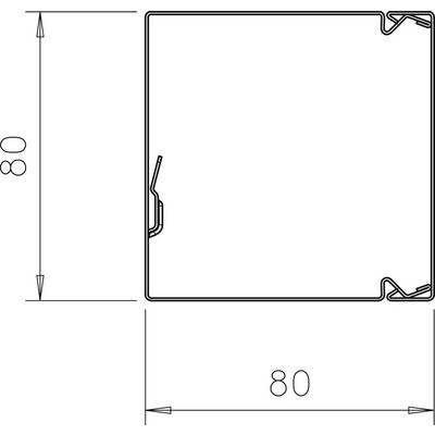 Dessin d'un profilé carré de dimensions 80 x 80 mm. Rainures intérieures aux angles pour des fixations potentielles.