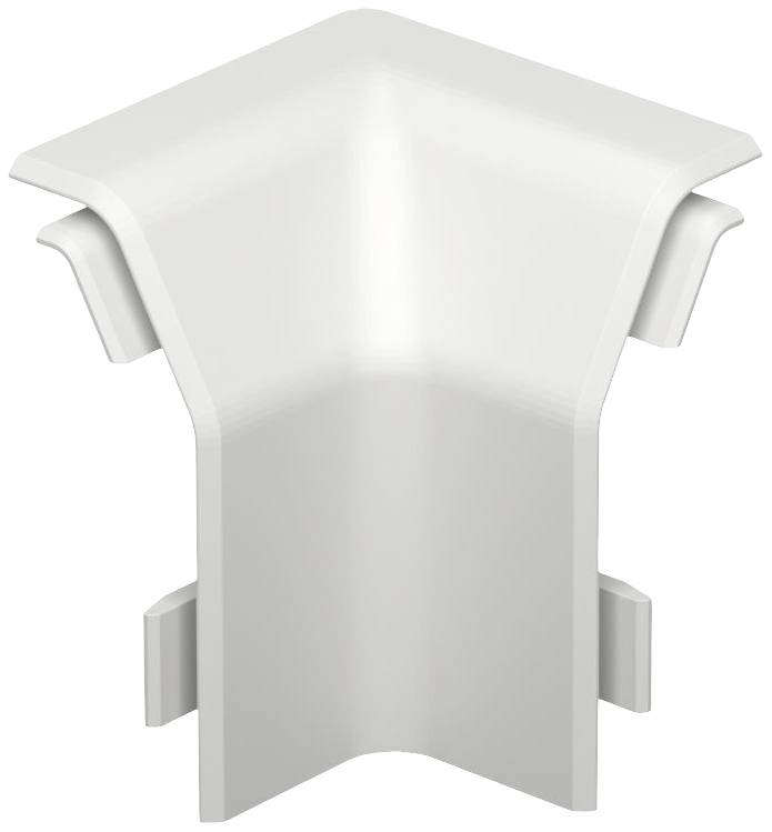 Raccord d'angle en plastique blanc, adapté pour des connexions propres et esthétiques dans les systèmes de goulottes de câbles.