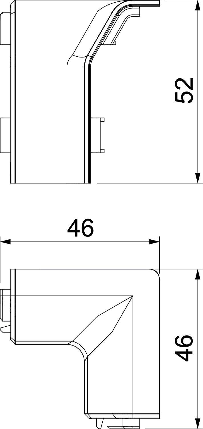 Dessin technique d'un robinet, vue latérale. En haut : Hauteur 52 mm, en bas : Largeur 46 mm, Hauteur 46 mm.