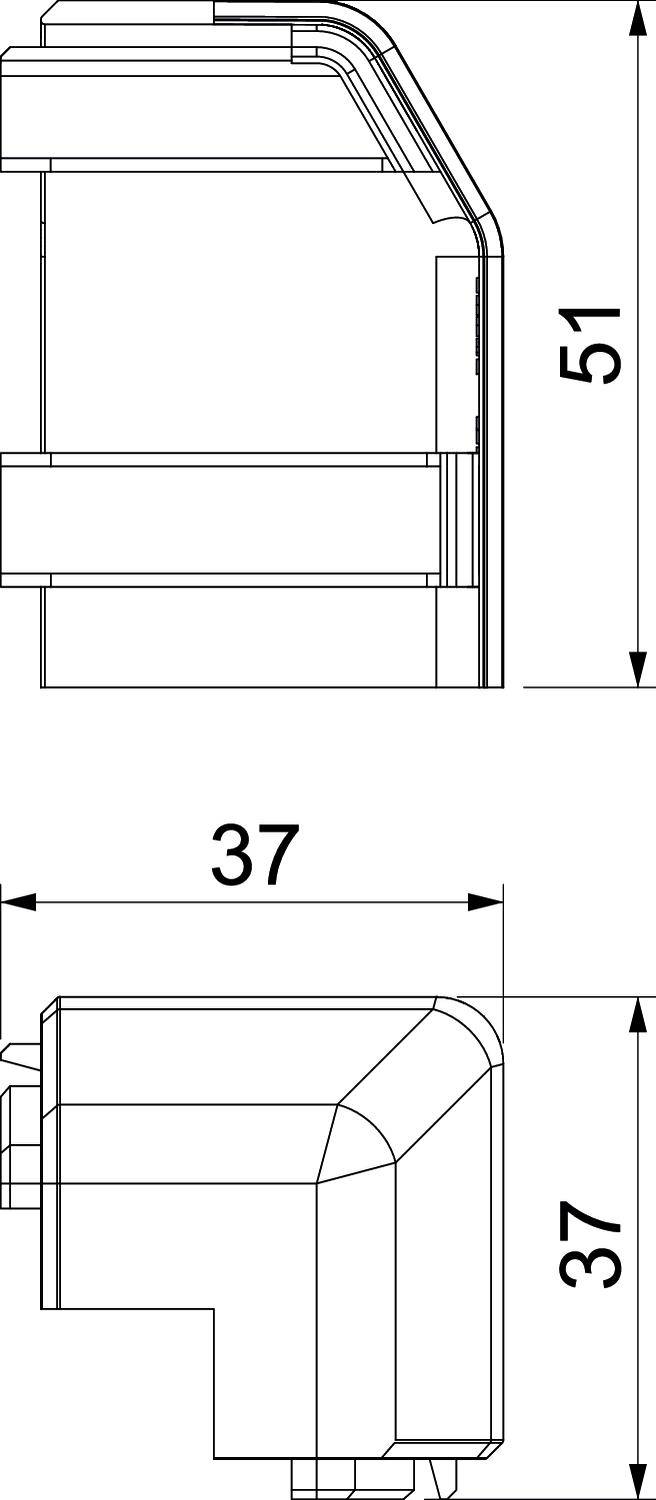 Dessin technique d'un composant rectangulaire de dimensions 51 mm x 37 mm. Vue de côté et vue de dessus sont représentées.