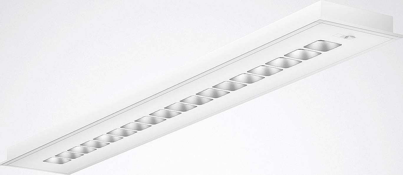 Une lampe de plafond LED moderne au design rectangulaire long et avec plusieurs éléments lumineux, idéale pour les bureaux ou les espaces de travail.