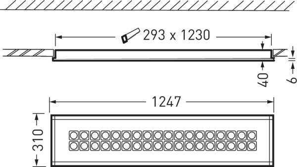 Dessin technique d'un panneau rectangulaire, long de 1247 mm, large de 310 mm, comprenant 24 unités carrées. Dimensions et perspective sont indiquées.