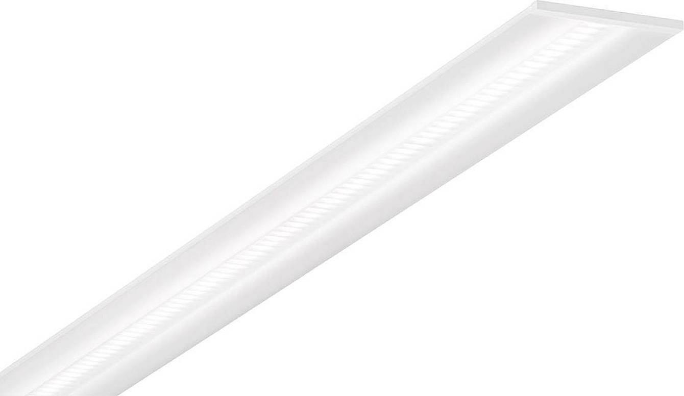Un luminaire de plafond LED rectangulaire long avec un cadre blanc, idéal pour l'éclairage de bureaux modernes.