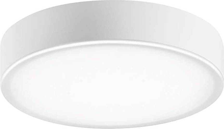 Un luminaire de plafond rond et blanc à surface lisse, diffusant une lumière douce et uniforme.
